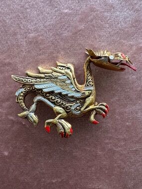 🐉 Vintage Spain Damascene Dragon Brooch Gold Tone Red Enamel Statement Pin